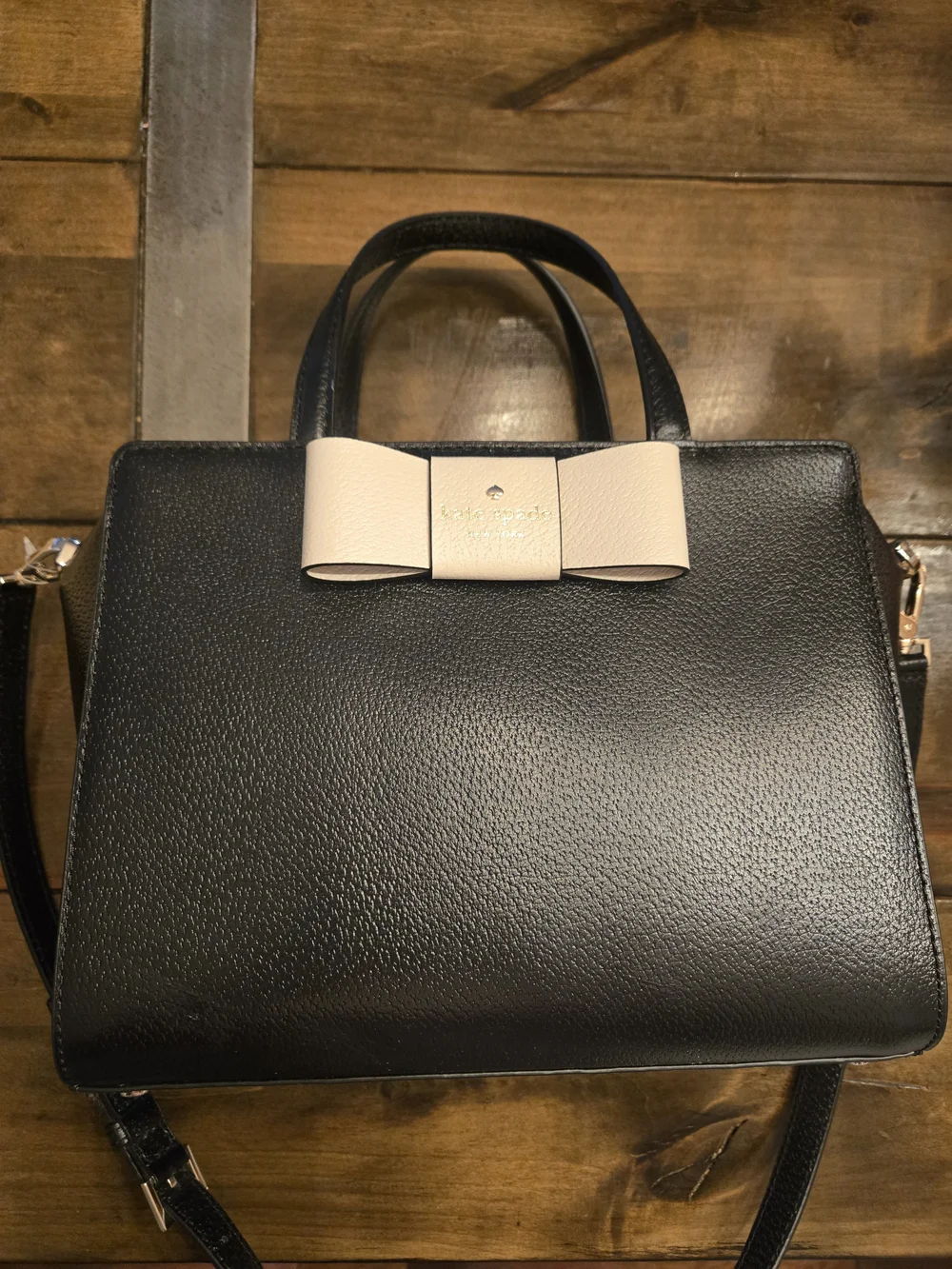 kate spade Black Leather Satchel with Cream Bow Detail